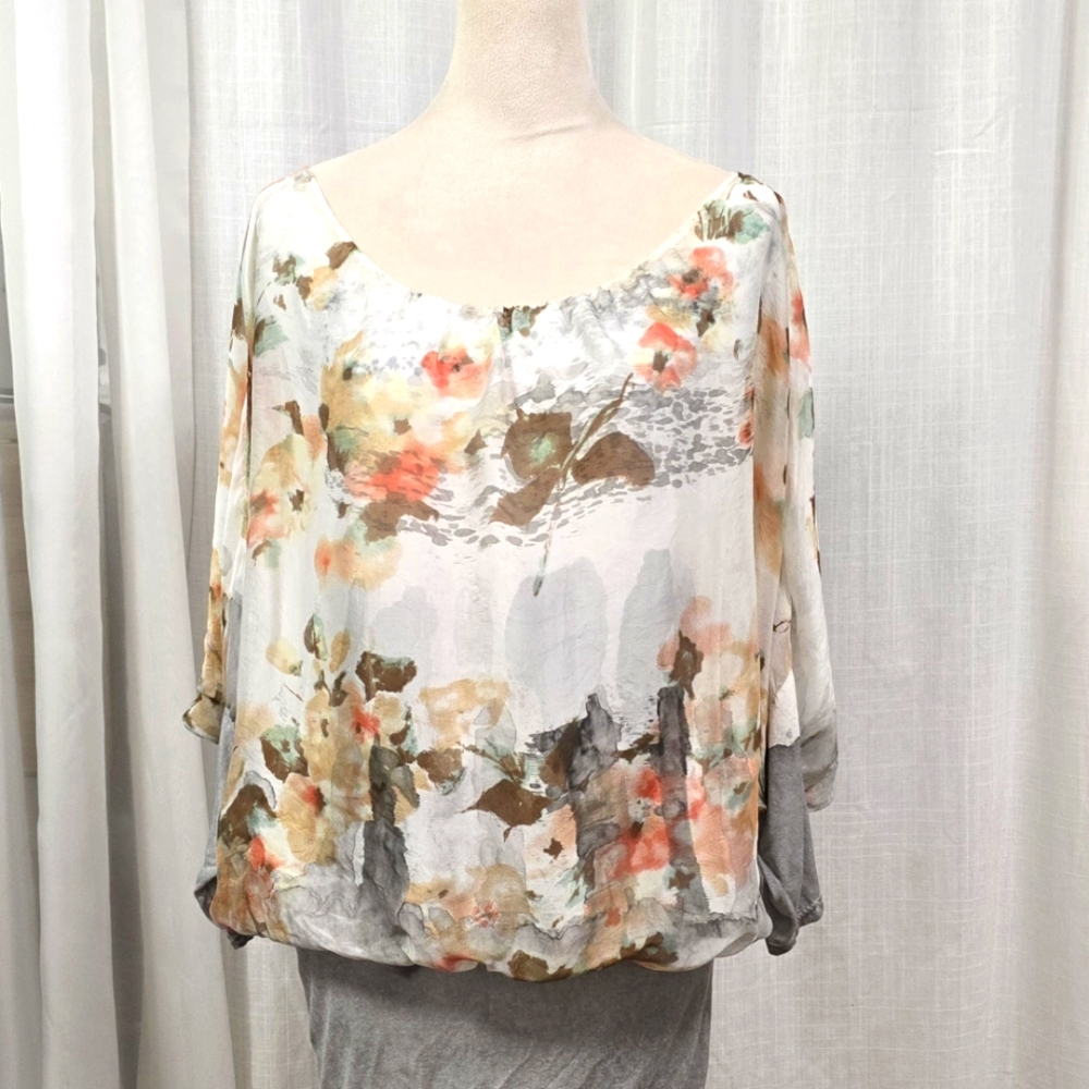 Floral Chiffon Blouse Viscose Silk Blend Flowy Boho Size